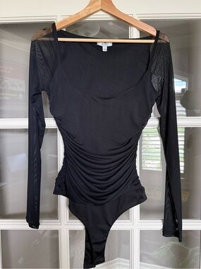 AFRM Black Long-Sleeve Mesh-Ruched Bodysuit